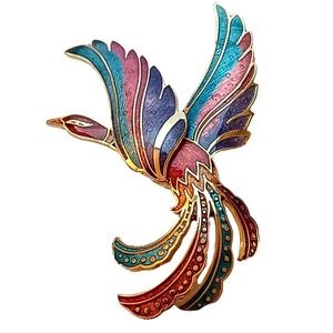 Vintage Gold Tone Red and Purple Enamel Peacock Brooch Pin